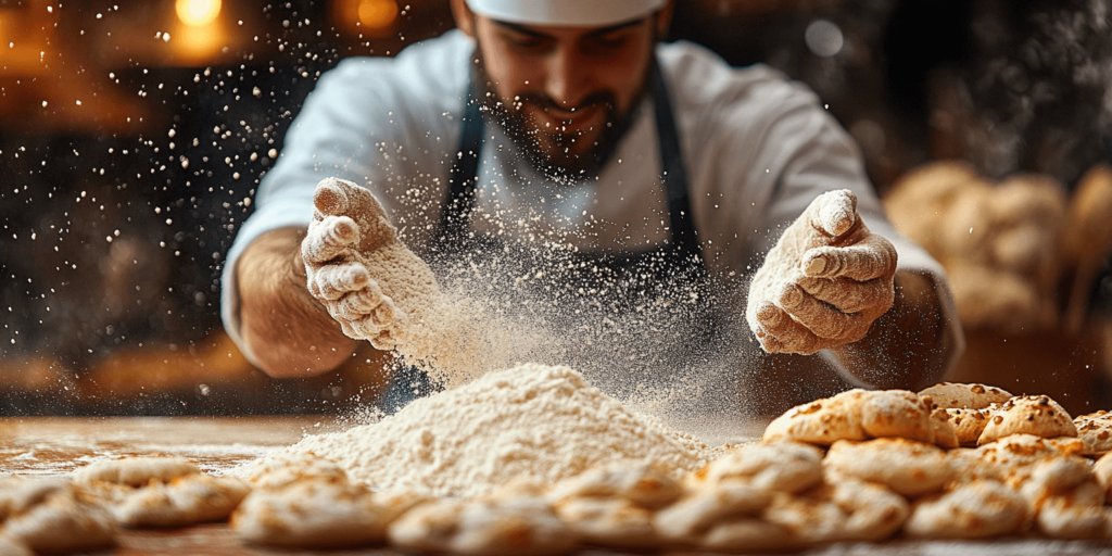 Un pizzaïolo lance de la farine