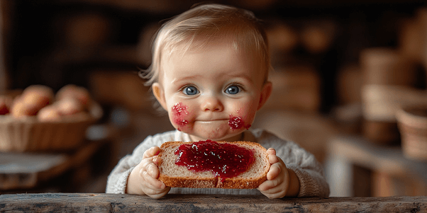 Un bébé avec une tartine de confiture