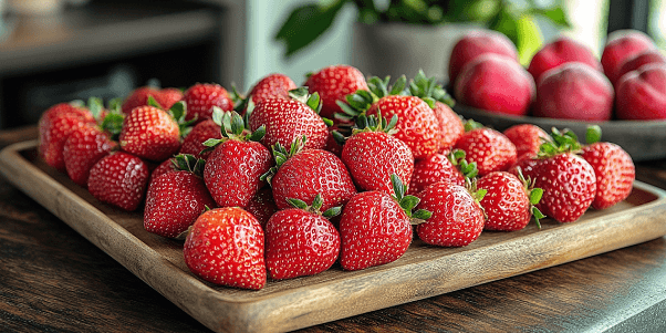 Des fraises sur une planche en bois