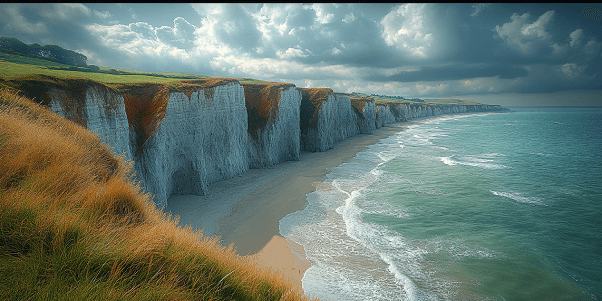 Vue panoramique de la côte normande près de la Maison Douce Époque avec falaises et plage au coucher du soleil