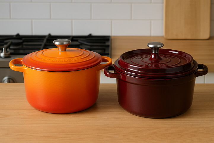 Une cocotte en fonte Le Creuset à côté d'une cocotte en fonte Staub