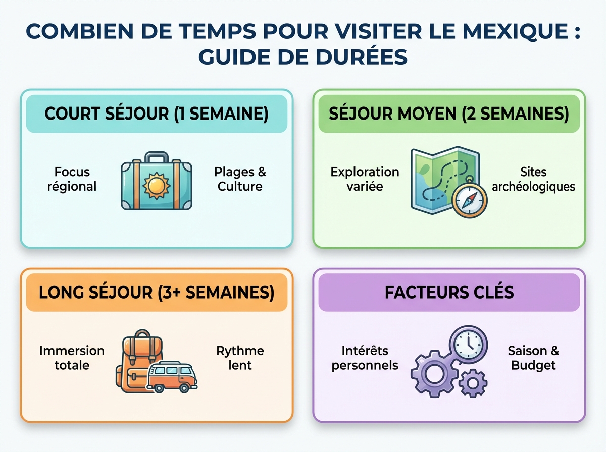 Infographie cheat sheet : Combien de temps pour visiter le Mexique : guide de durées