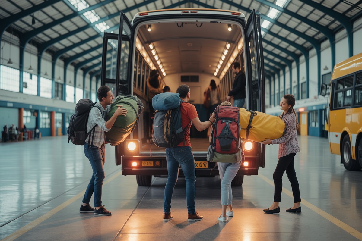 Voyageurs chargeant sacs dans un bus de nuit au terminal mexicain