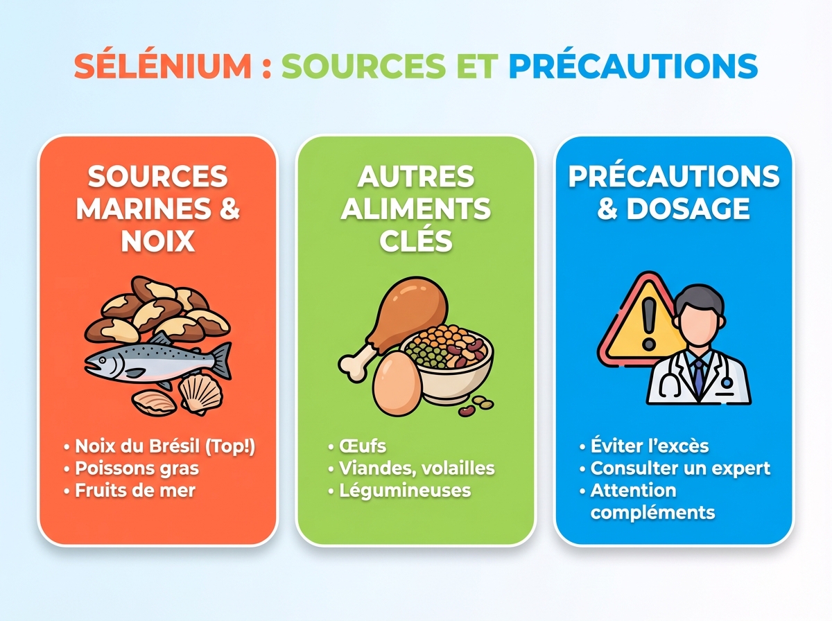Infographie cheat sheet : Alimentation riche en sélénium : top sources et précautions
