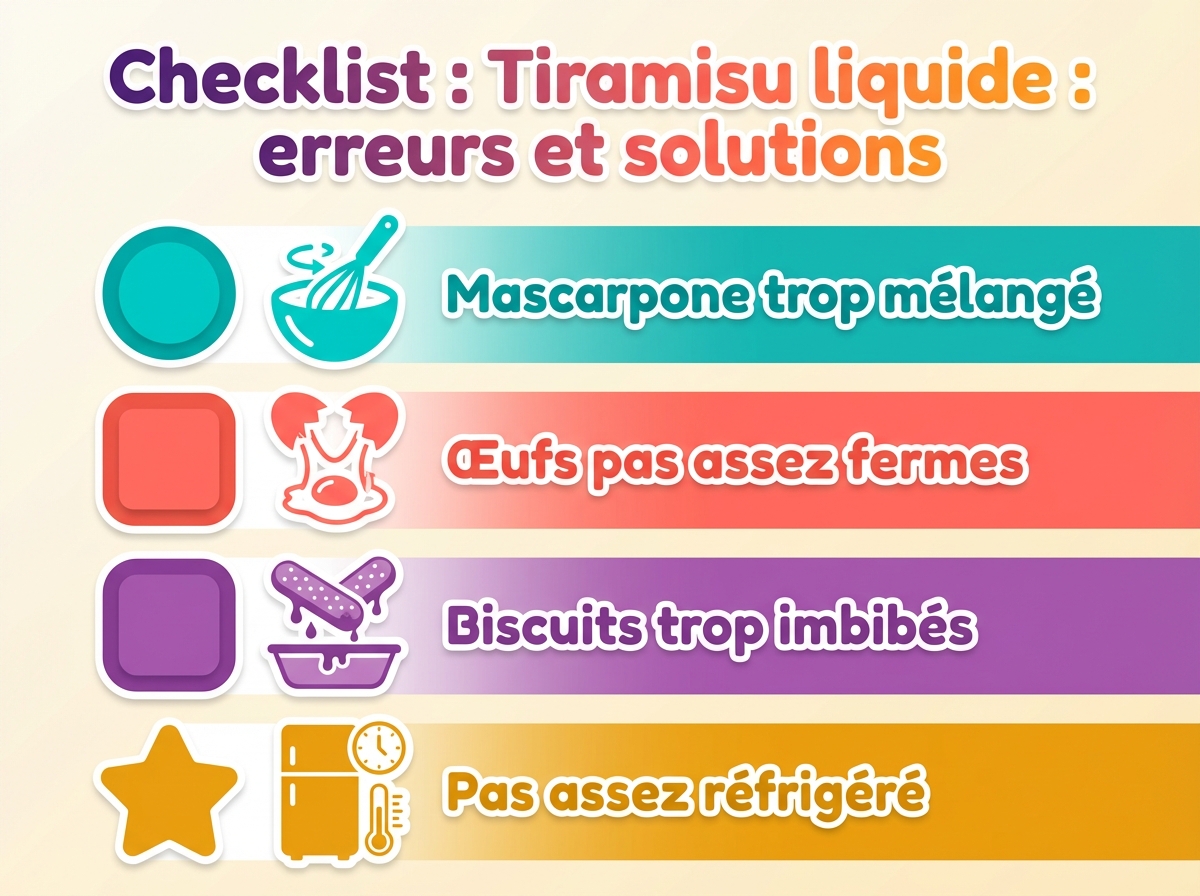 Infographie checklist : Pourquoi mon tiramisu est liquide : erreurs et solutions