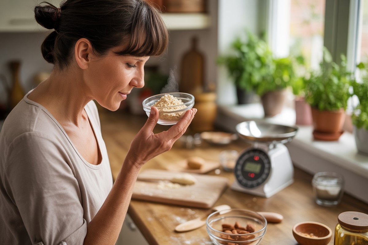 Femme inspectant visuellement et sentant de la poudre d'amande dans une cuisine lumineuse familiale.