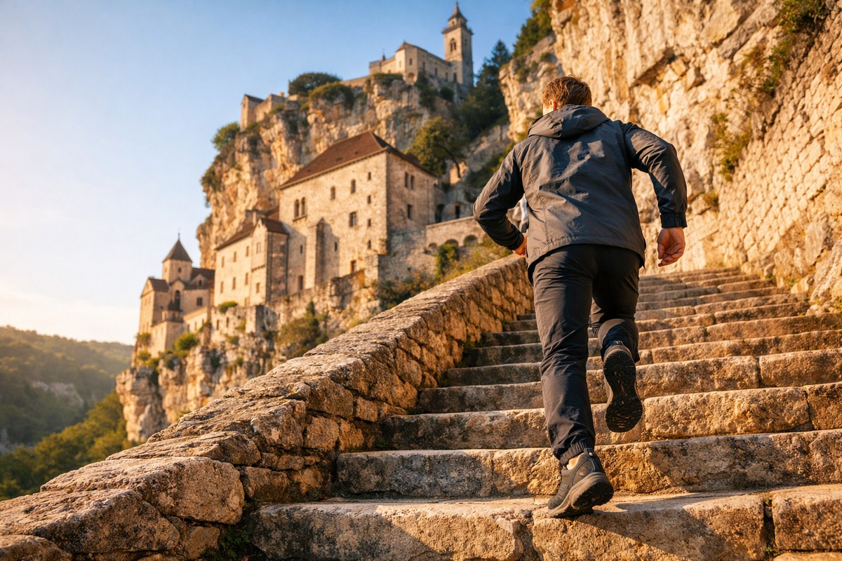 Randonneur dynamique gravit marches Rocamadour sous lumière matinale rasante.