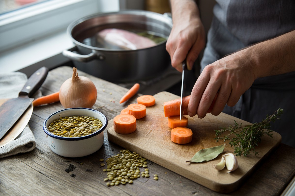 Mains coupant carottes sur planche bois, lentilles et aromates prêts à cuire