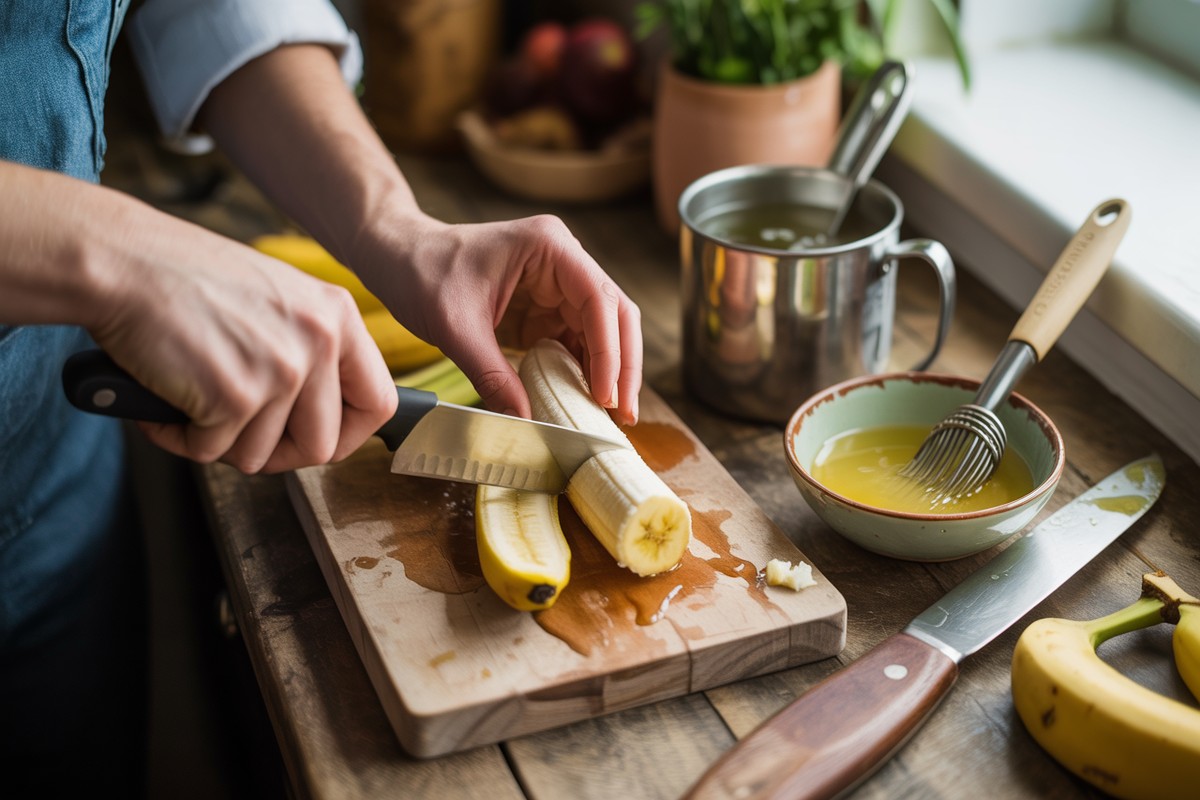 Mains coupant la banane et badigeonnant de citron sur planche rustique
