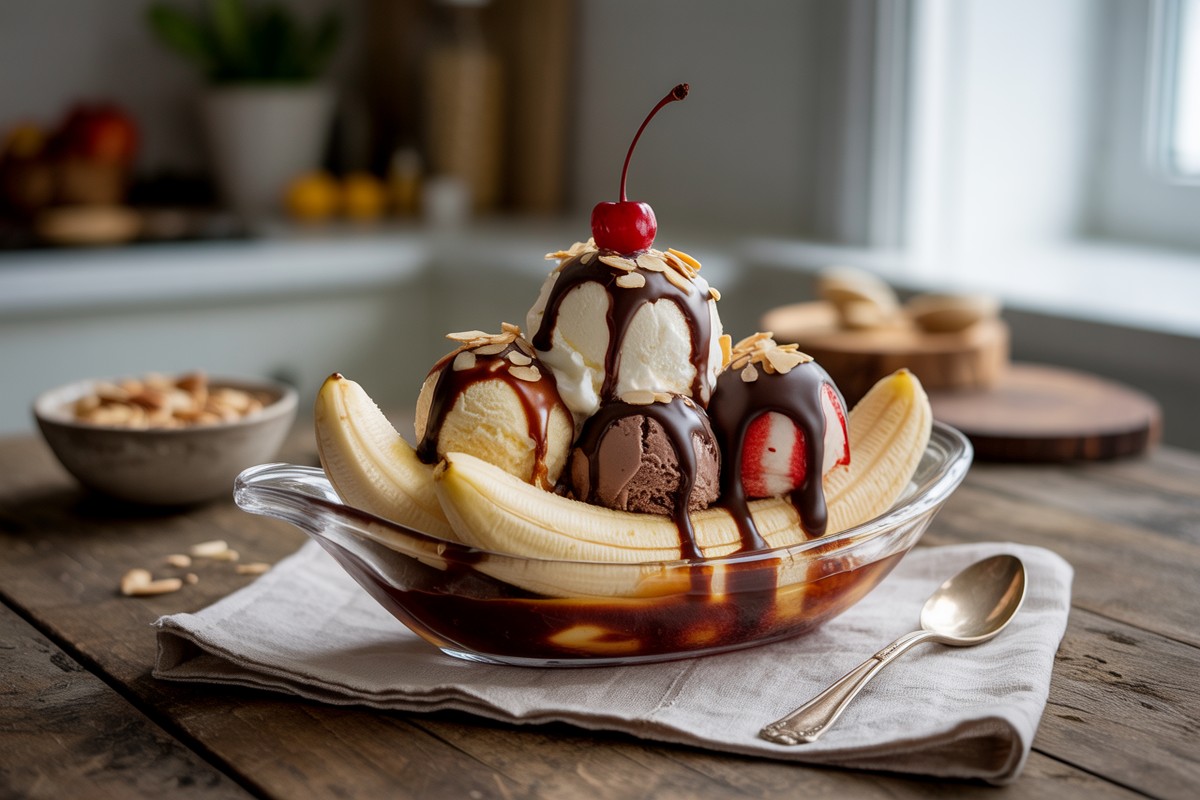 Coupe rustique de banana split, glaces colorées, sauce chocolat et chantilly