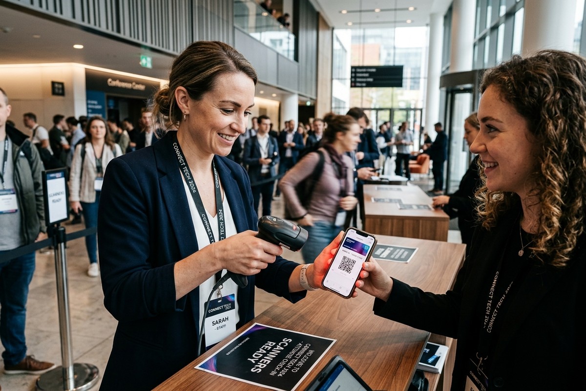 Organisateur scannant QR code billet numérique sur smartphone à entrée lieu événement moderne