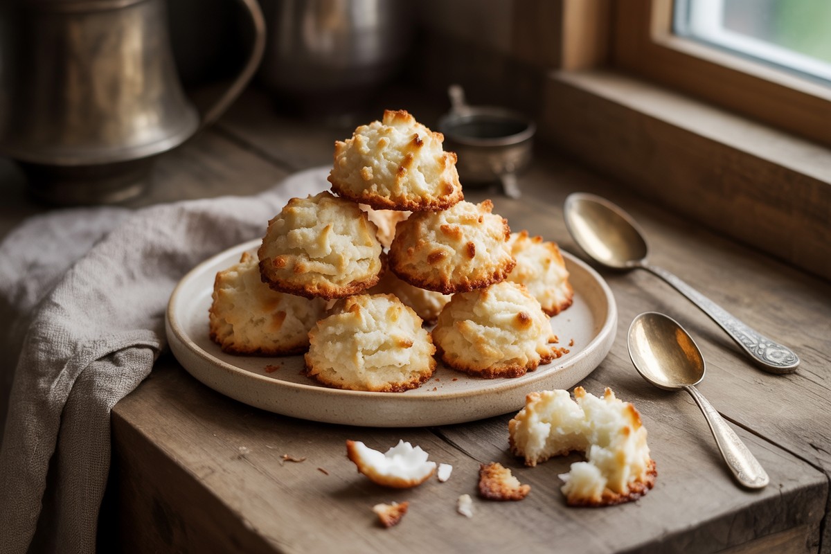 Rochers coco dorés sur petite assiette rustique, lumière douce et naturelle