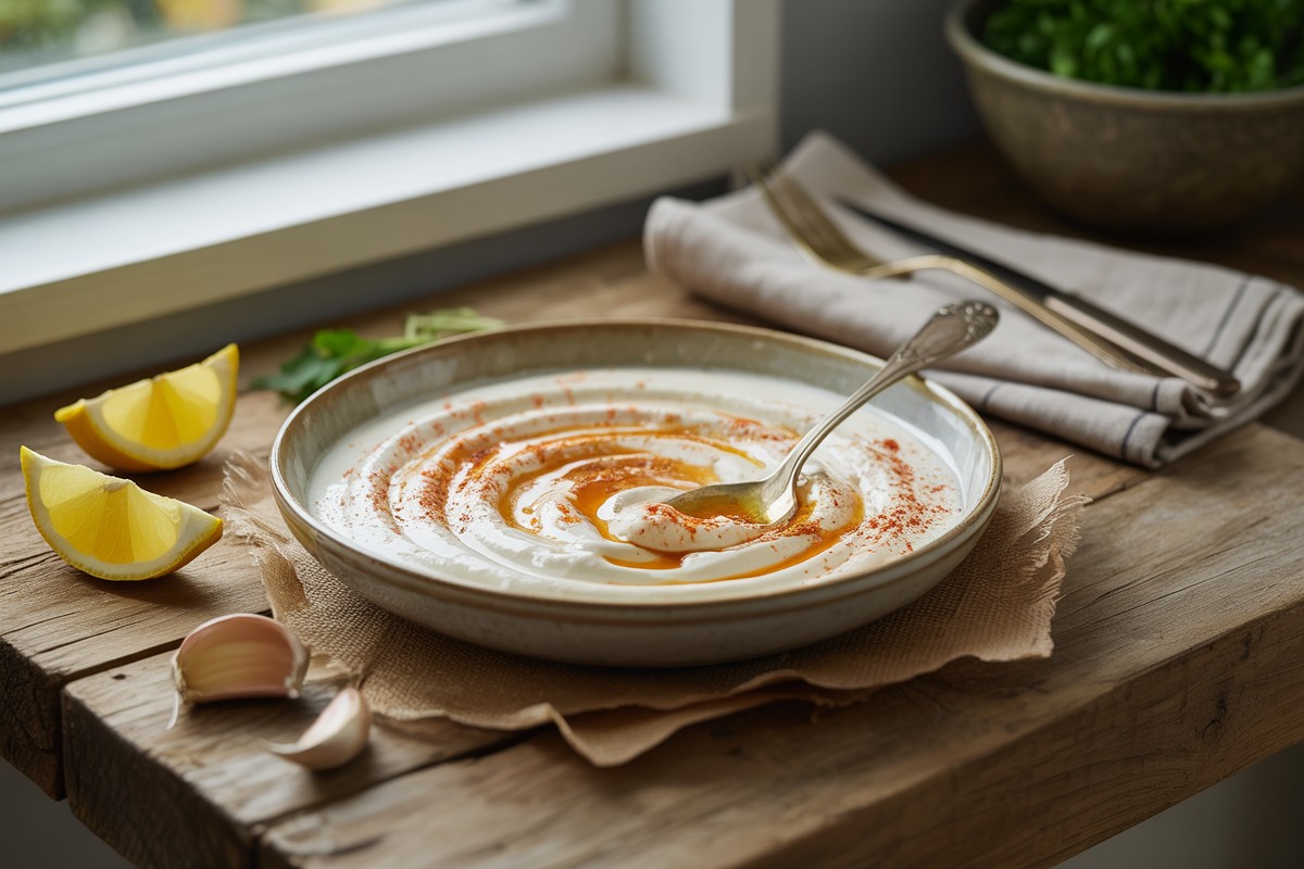 Bol de sauce kebab blanche crémeuse, citron et ail sur table rustique