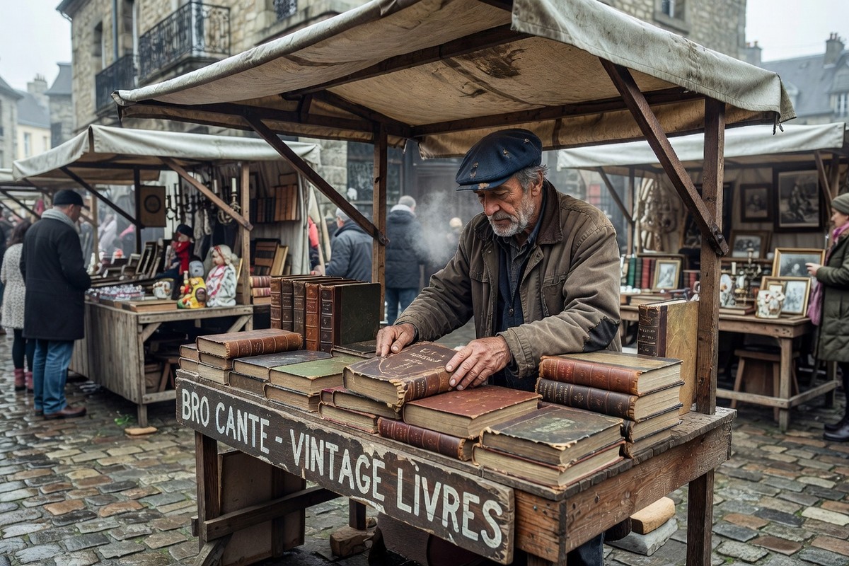 Vendeur disposant livres anciens sur étal lors brocante animée dans le Nord de France.