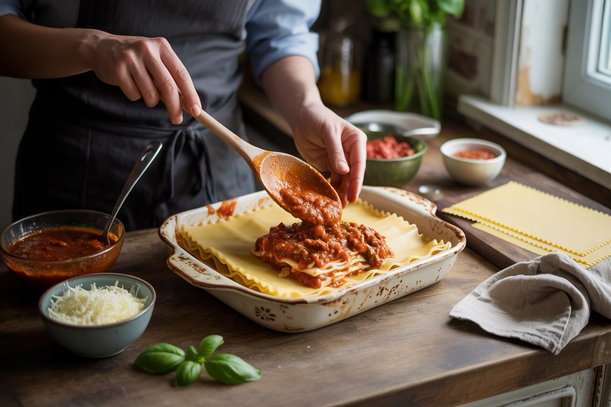Mains déposant sauce poulet sur feuilles de lasagnes dans plat rustique en bois clair