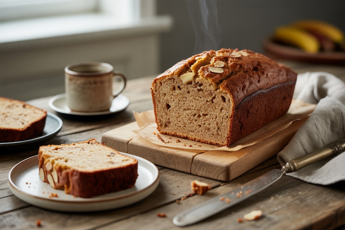 Banana bread sans gluten moelleux tranché sur table en bois rustique éclairée