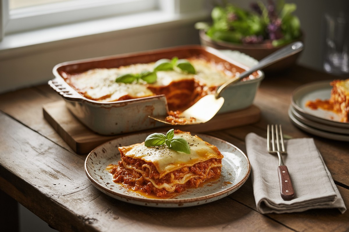 Portion de lasagnes au poulet dorées sur table en bois rustique