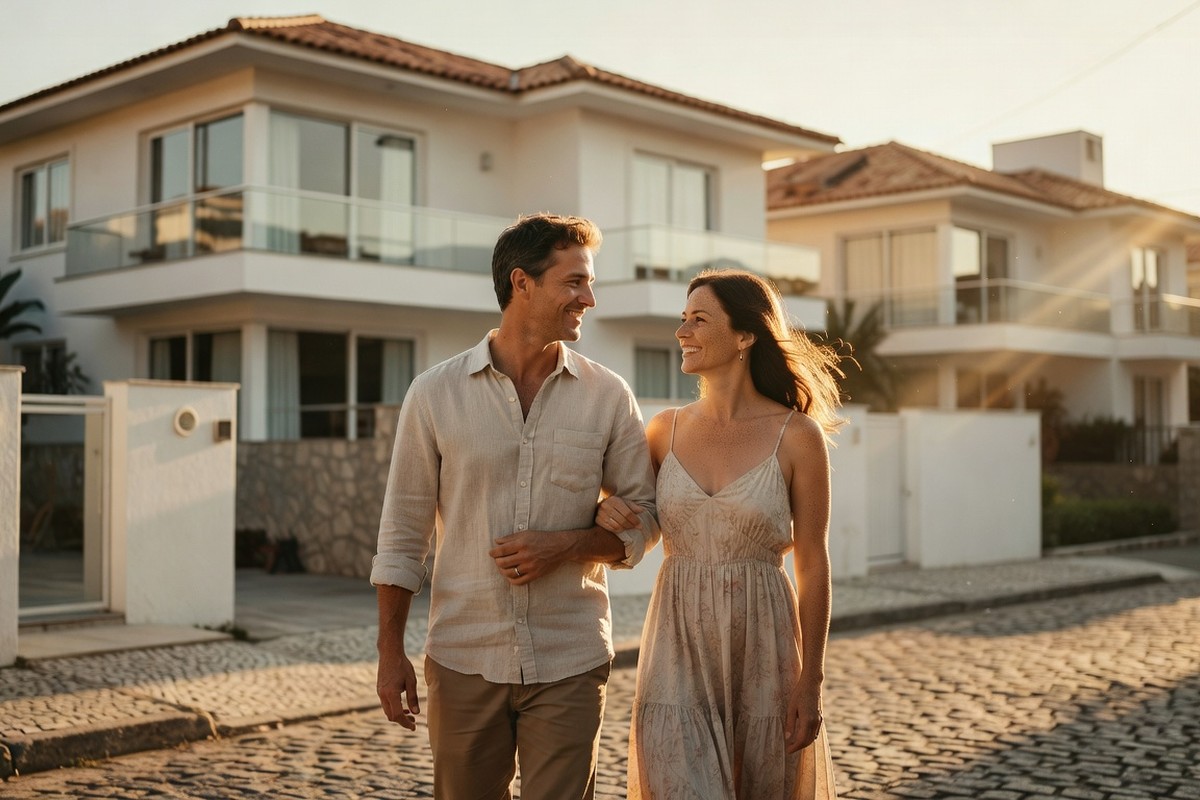 Couple marchant dans un quartier luxueux de Rio de Janeiro au coucher de soleil