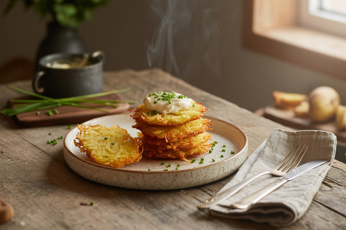 Galettes de pommes de terre ultra croustillantes servies sur assiette rustique fumante