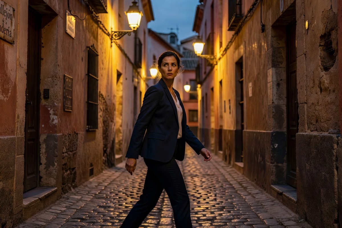 Femme d'affaires vérifie ses arrières en marchant dans ruelle sombre de Séville au soir.