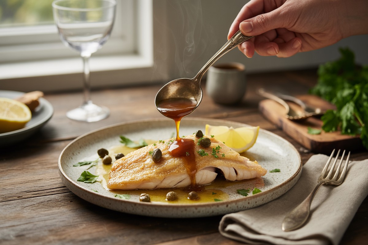 Aile de raie dorée nappée de beurre noisette aux câpres sur assiette rustique
