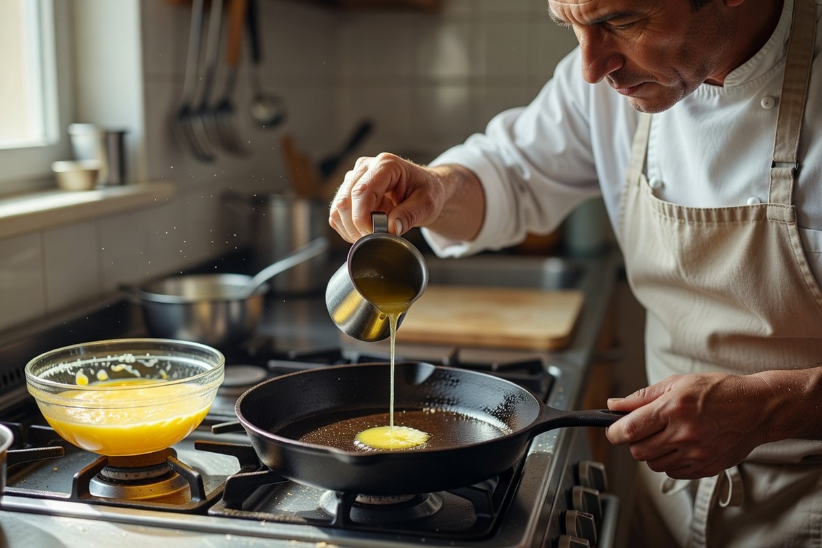 Chef versant du beurre clarifié dans une poêle chaude pour une omelette