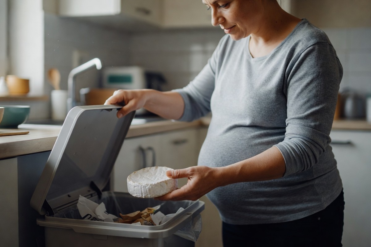 Femme enceinte jetant un camembert périmé à la poubelle en cuisine