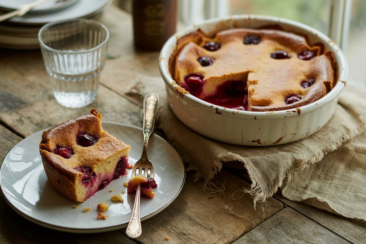 Clafoutis vegan aux cerises doré dans plat rustique sur table en bois