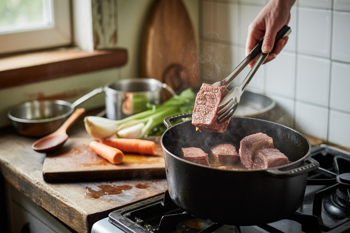 Main retournant cubes de collier de boeuf dorés dans cocotte en fonte fumante