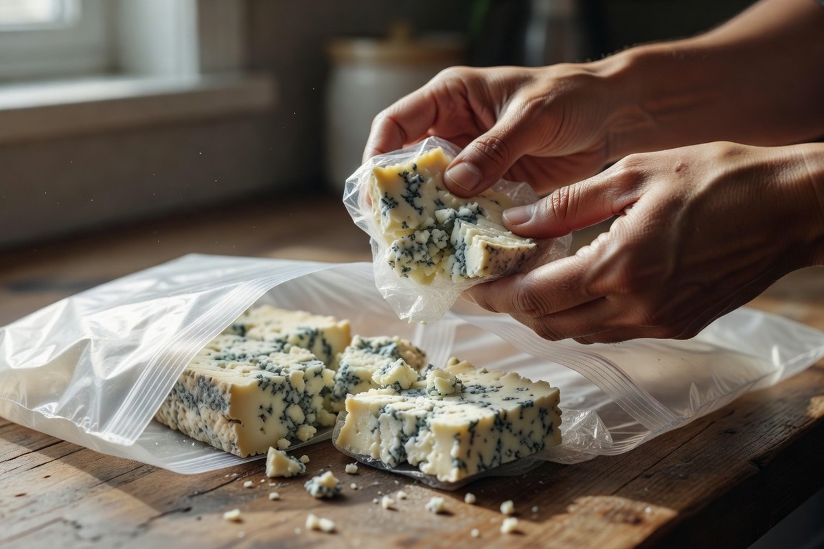 Mains emballant des portions de gorgonzola dans du film plastique pour congélation