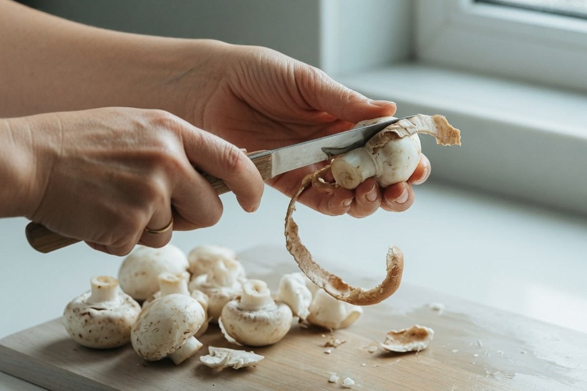 Mains épluchant un champignon avec un couteau sur planche en bois