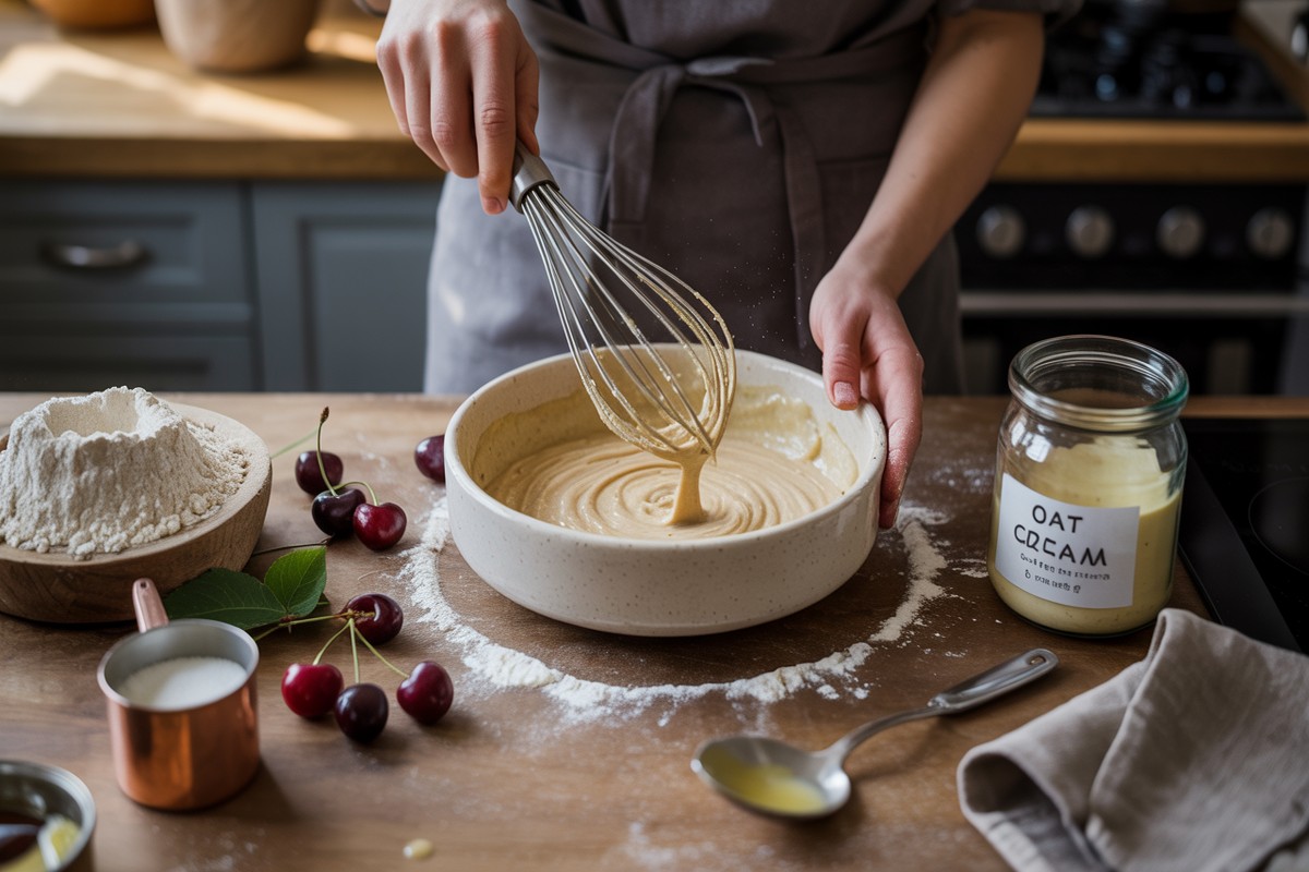 Mains fouettant pâte vegan de clafoutis entourée de cerises farine sucre