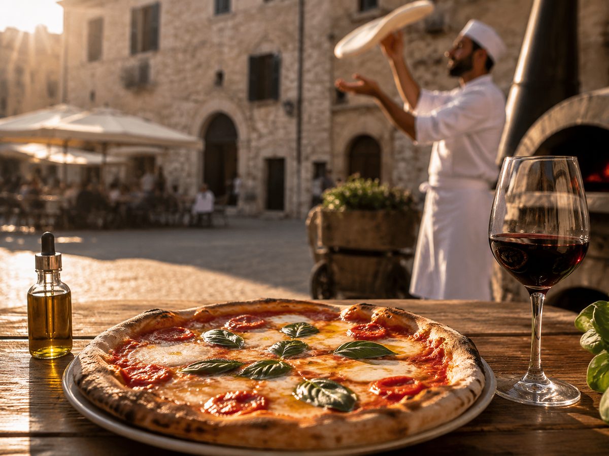 Pizza Margherita artisanale avec huile d'olive infusée au CBD dans une ambiance de voyage gastronomique en terrasse.
