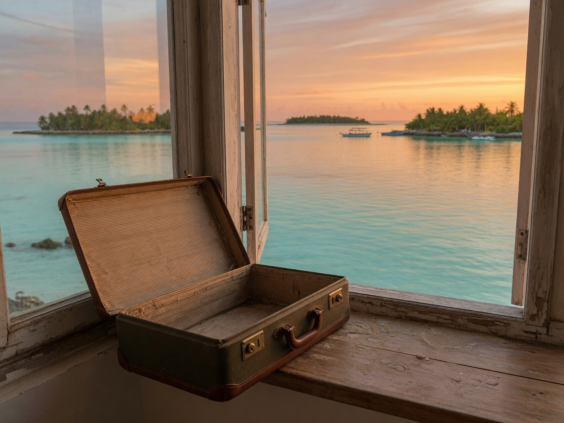 Valise ouverte sur un rebord de fenêtre face au lagon et aux îles